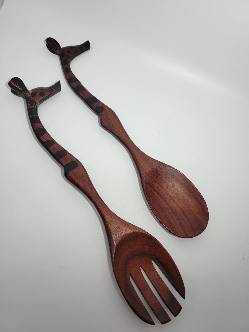 African Theme Carved Giraffe Salad Servers Vintage Utensils Safari Hand Painted